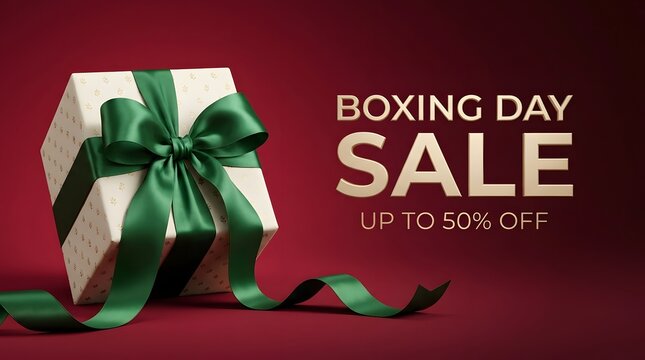 Boxing day sale announcement with a festive gift and rich red background