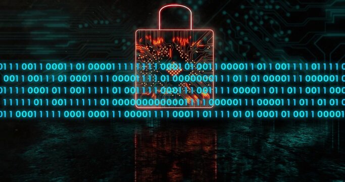 Neon padlock pulsing in tech scene, streaming cyan binary digits with PCB nodes