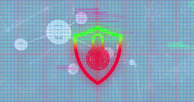 Displaying centered outlined shield pulsing over blue grid, with padlock and fingerprint rings