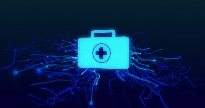 Floating glowing cyan first-aid kit icon hovering in futuristic data visualization