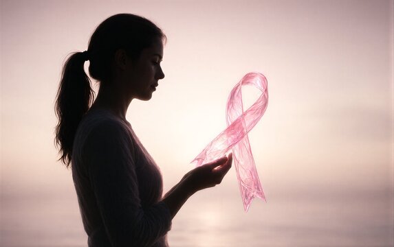 Silhouette of a woman holding pink ribbon, symbolizing breast cancer awareness.