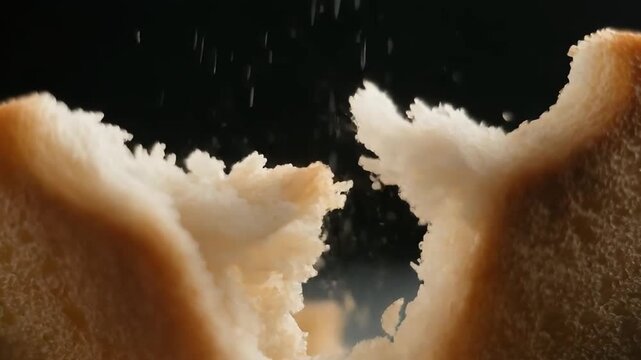 Closeup slow motion video of toast being gently broken apart, crumbs scattering naturally through the air, crispy crust fragments, soft interior stretching slightly