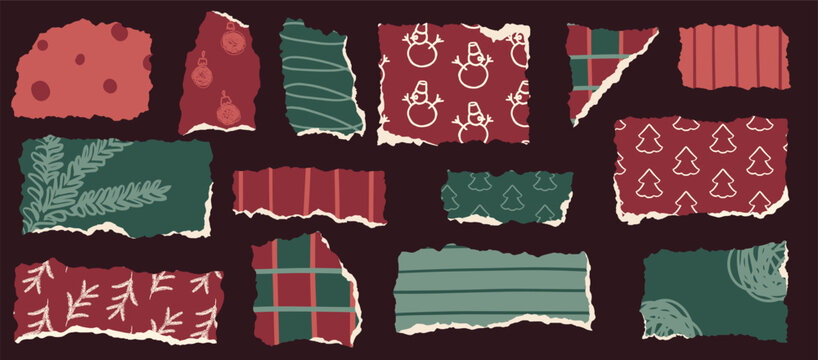 Christmas torn paper scraps feature red and green festive patterns. Ideal for holiday collages, greeting cards, and scrapbook layouts.