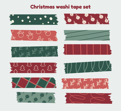 Christmas washi tape strips feature festive patterns in red and green. Ideal for scrapbook layouts, greeting cards, and holiday invitations.