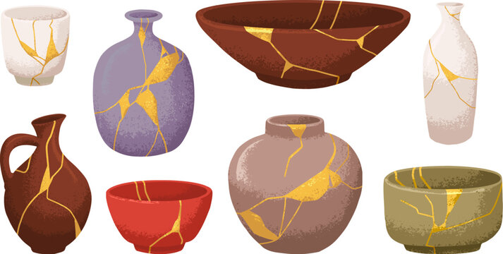 Kintsugi ceramic vase, bowl, vessel. Broken gold pattern on ceramics. Japanese pottery, Japan art. Japanese kintsugi, broken porcelain with gold lacquer. Vector illustrations set isolated on white.