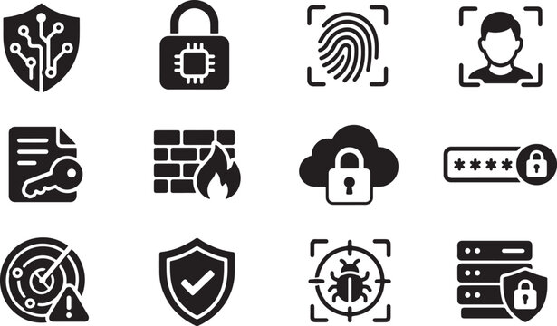 Cybersecurity and Data Protection Vector Icons, Digital Security, Fingerprint Authentication, Firewall and Secure Server Symbols