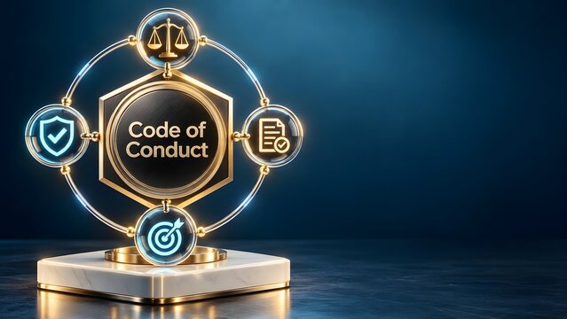 Corporate Code of Conduct Framework Concept with Glowing Ethics and Compliance Icons