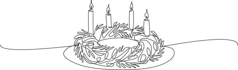 Plakat continuous line drawing of an Advent wreath with four lit candles, minimalist Christmas and holiday season line art vector illustration