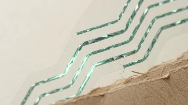 Static ultra macro close-up of textured kraft paper edge with subtle iridescent nanocellulose barrier film shimmer, clean linen cream copy space seamless loop
