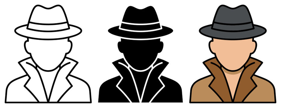 Detective man with fedora hat icons outline and color