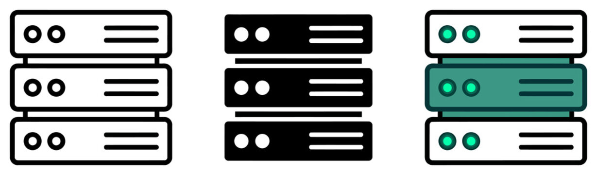 Server rack icons outline solid and teal flat set
