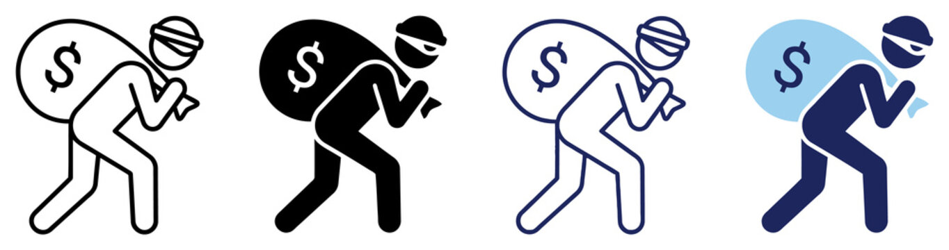 Thief with money bag icon line solid and flat variants