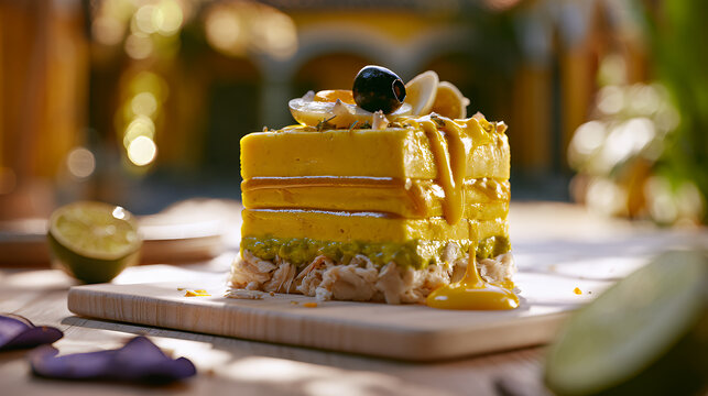 Traditional Peruvian causa rellena layered potato dish with chicken salad, avocado and yellow aji pepper cream