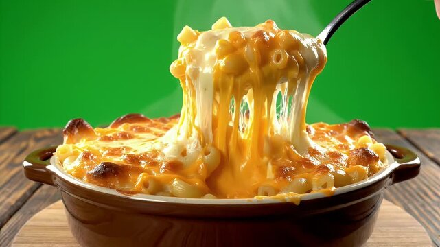Stretchy Molten Golden Baked Macaroni and Cheese Scoop - A close-up shot captures a spoon scooping a generous portion of steaming, golden baked macaroni and cheese from a ceramic dish.