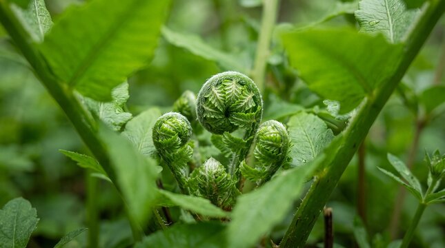 Lush Spring Growth macro view of young green fern fiddleheads unfurling in a forest ideal for environmental blogs, botanical research, and wellness designs.