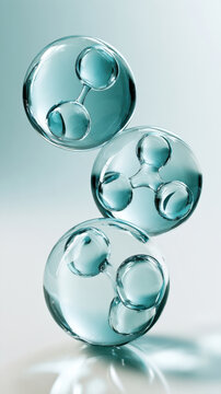 microscopic view of abstract blue chemical molecules and liquid bubbles floating in light environment for science medicine and skincare formula illustration and concepts