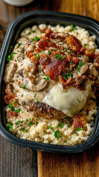 gourmet keto friendly dish featuring juicy hamburger patty topped with creamy mushroom sauce and crispy bacon over cauliflower rice in a takeout container for healthy low carb diet