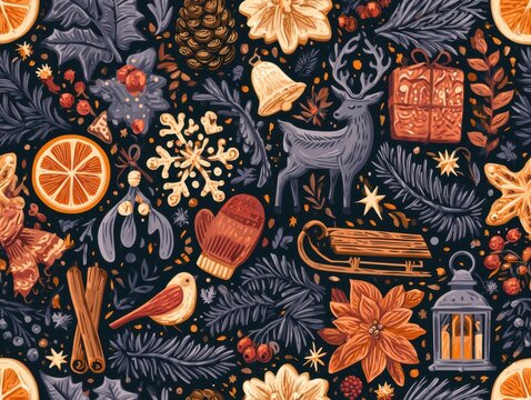 festive christmas seamless pattern featuring traditional winter holiday elements like deer pine branches orange slices gifts and snowflakes in retro style for seasonal design
