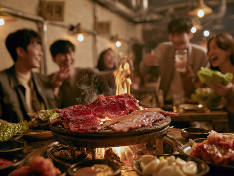 cheerful group of friends enjoying korean barbecue dinner with grilled meat over charcoal fire and drinks in a traditional cozy tavern atmosphere with warm ambient lighting