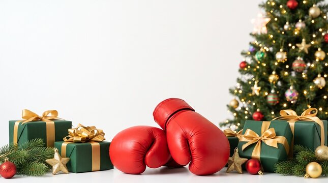 Red santa claus sack filled with wrapped holiday gifts beside decorated christmas tree