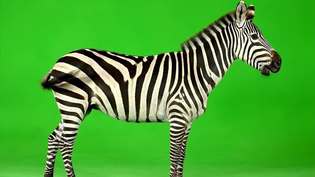 Realistic Zebra Full Body Alert Stance on Green Screen - A realistic zebra stands in a full body view, showcasing its distinctive black and white stripes.