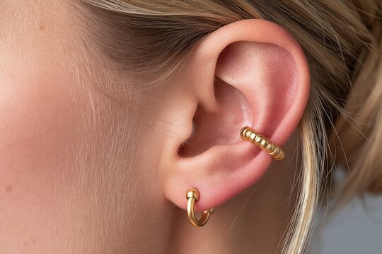 Gold ear cuff and small hoop earring on female ear macro closeup