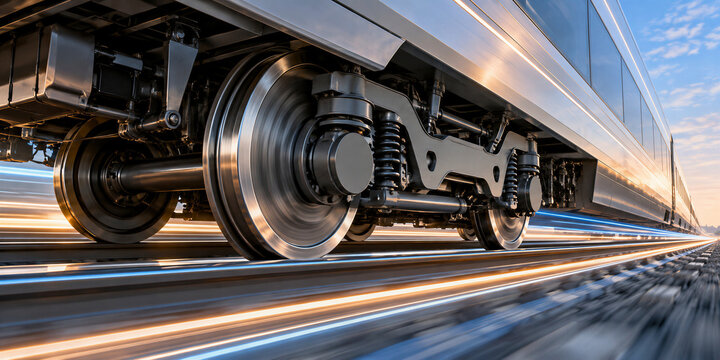 High speed passenger train racing along railway tracks with blurred lines. Close view of train wheels and undercarriage in motion. Railway transport and rapid transit.