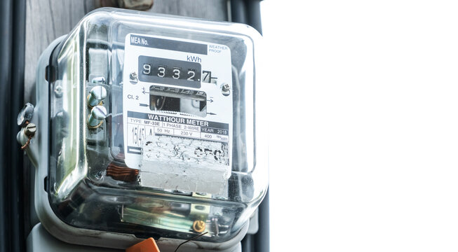 Watt hour meter. Electric power box meter measuring power usage in home. Watt hour electric meter measurement tool at pole for house use. Watt hour meter for reading home electricity consumption.