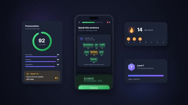 Language learning app scores a spoken Spanish sentence and celebrates improved pronunciation on a smartphone interface