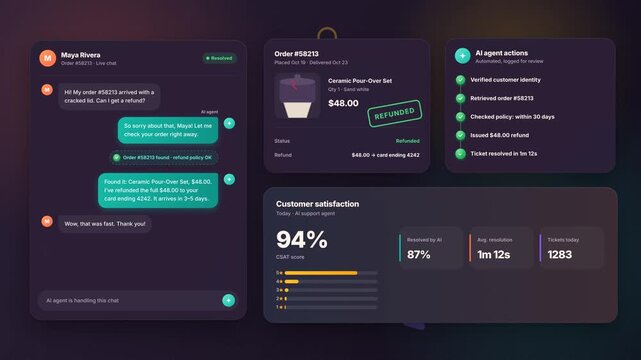 Animated customer support dashboard resolves a damaged pottery order with an instant refund and positive rating