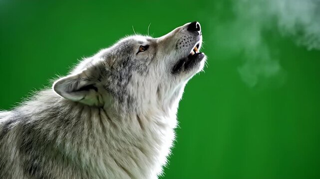 Majestic Howling Wolf Against a Green Background - A close-up of a wolf with a thick, fluffy coat howling upwards, revealing its sharp teeth and intense expression.