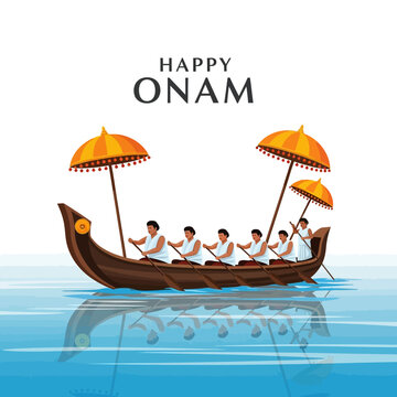 Happy Onam: People in traditional boat race, cultural festival vector illustration