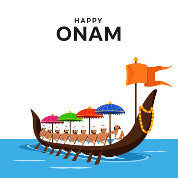 Happy Onam boat race with rowers and colorful umbrellas on water