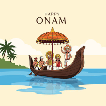 Happy Onam Festival: People in Traditional Attire on Boat with Umbrella, Kerala