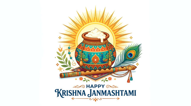Happy Krishna Janmashtami: Dahi Handi pot, flute, peacock feather, sunburst illustration