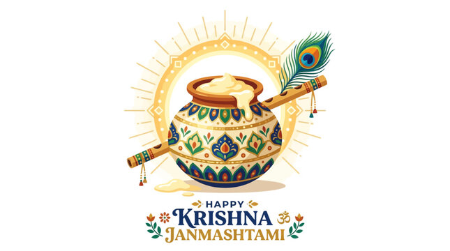 Happy Krishna Janmashtami Decorative Pot with Flute and Peacock Feather Icon