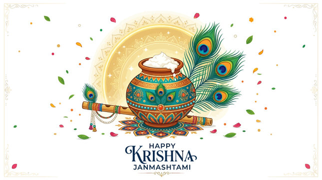 Happy Krishna Janmashtami decorative elements, pot of butter, peacock feathers, flute
