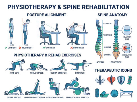 Spine anatomy and physiotherapy rehabilitation exercises infographic with posture alignment and medical icons
