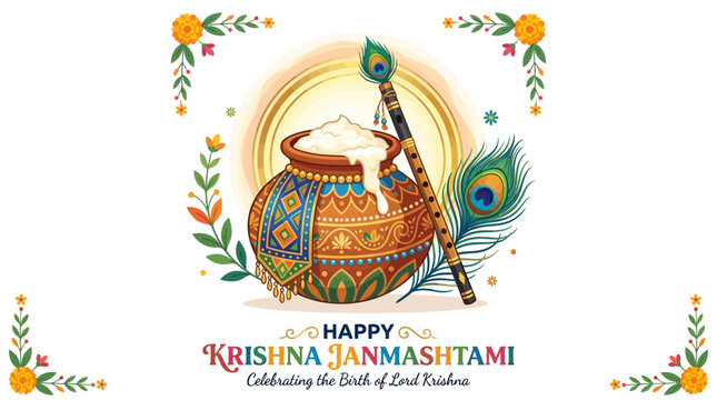Happy Krishna Janmashtami Greeting Card with Flute, Peacock Feather and Pot