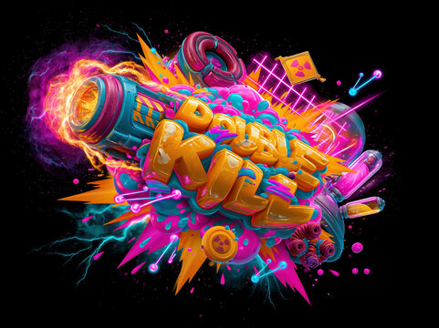 Colorful Double Kill logo in 3D, explosive burst effect with neon glow and energy weapon elements Sci-Fi details, lucky radioactive sign, festive atmosphere, futuristic style, detailed - AI-Generated