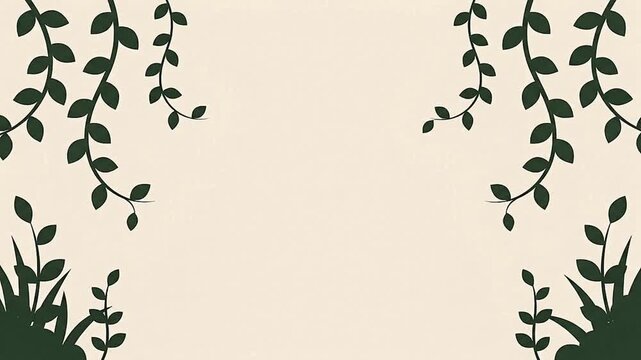Hanging green vines and leaves border background vector illustration, minimalist botanical frame with copy space on beige background.