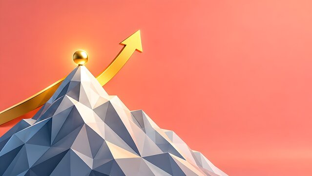 Golden Arrow Rising Above Low Poly Mountain Peak Representing Business Success and Growth Concept