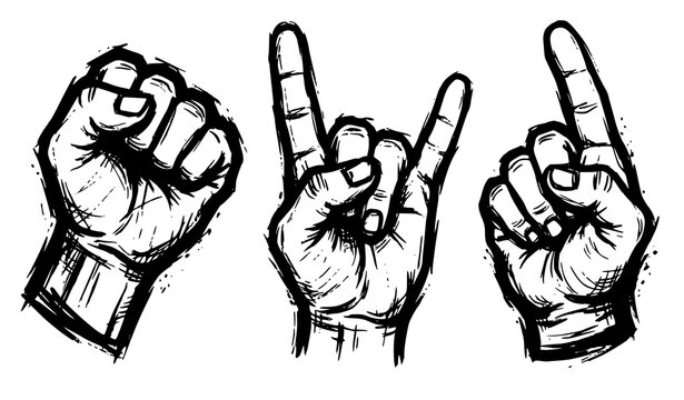 Distressed Heavy Metal Hand Gesture Vector Illustration with Devil Horns Fist and Pointing Signs for Rock Band Apparel