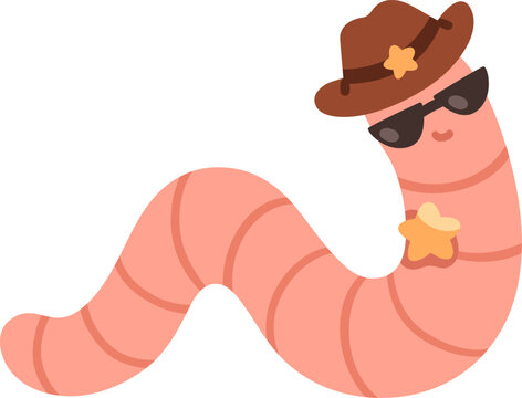 Cute worm in cowboy hat and sunglasses, sheriff star. Funny worm sheriff in hat, cute cool cowboy from wild west. Western earthworm mascot. Kids flat vector illustration isolated on white.