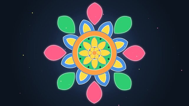 Colorful Digital Rangoli Animation With Rotating Flower Petals And Particle Effects On Dark Backgrou
