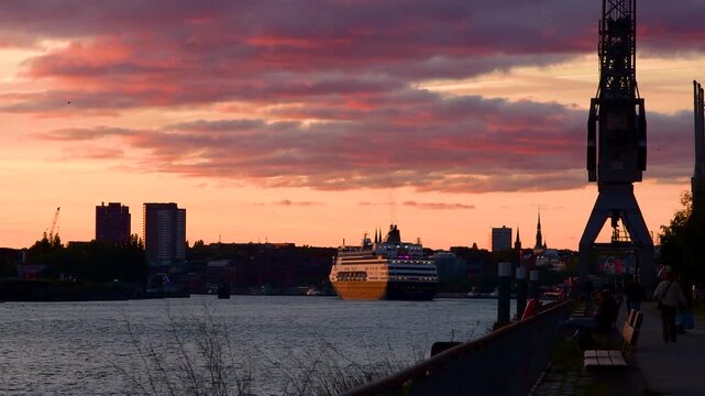 Hamburg, Germany: Beautiful Sunset in the Harbor of Hamburg, Sail away Cruise liner