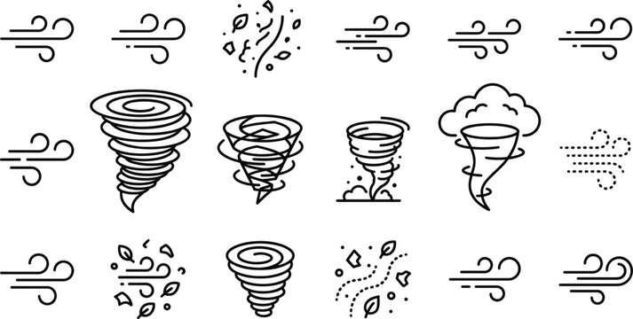 Weather line art icon collection depicting strong wind and tornado symbols