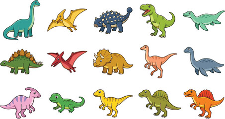 Cute cartoon dinosaurs vector icon set featuring t-rex triceratops stegosaurus brachiosaurus and pterodactyl characters for kids design elements © farhana