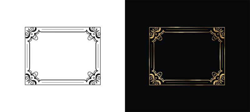 Elegant ornate square frame design in black and white with gold accents