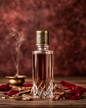 Luxury Arabian Oud Perfume Bottle with Damask Roses and Incense